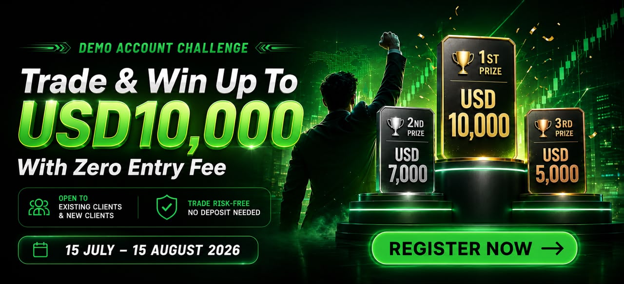 Demo Account Challenge — Trade and win up to USD 10,000 with zero entry fee. Open to existing and new clients. 15 July to 15 August 2026.